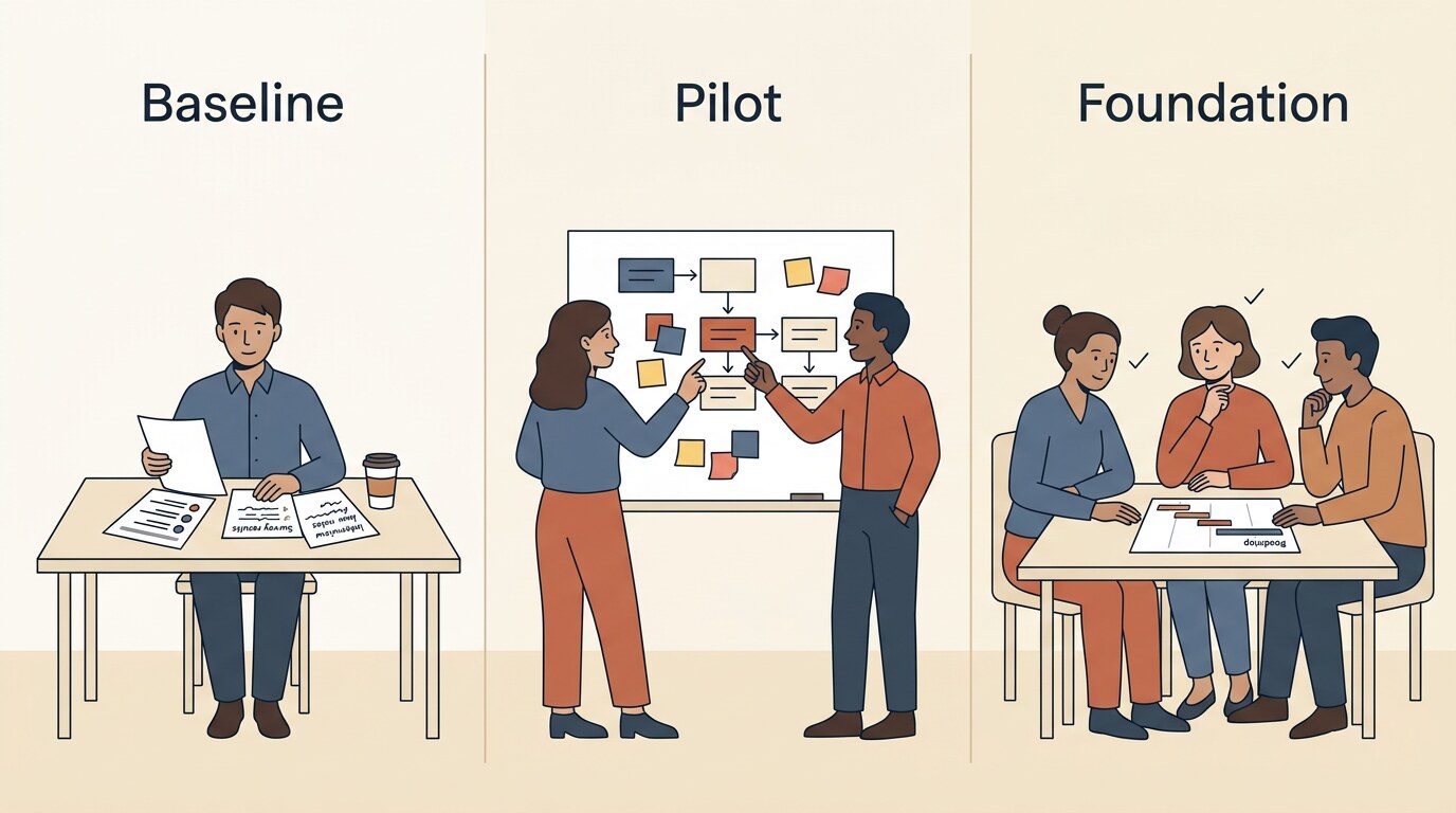 The three phases of a structured AI adoption project: Baseline, Pilot, and Foundation.