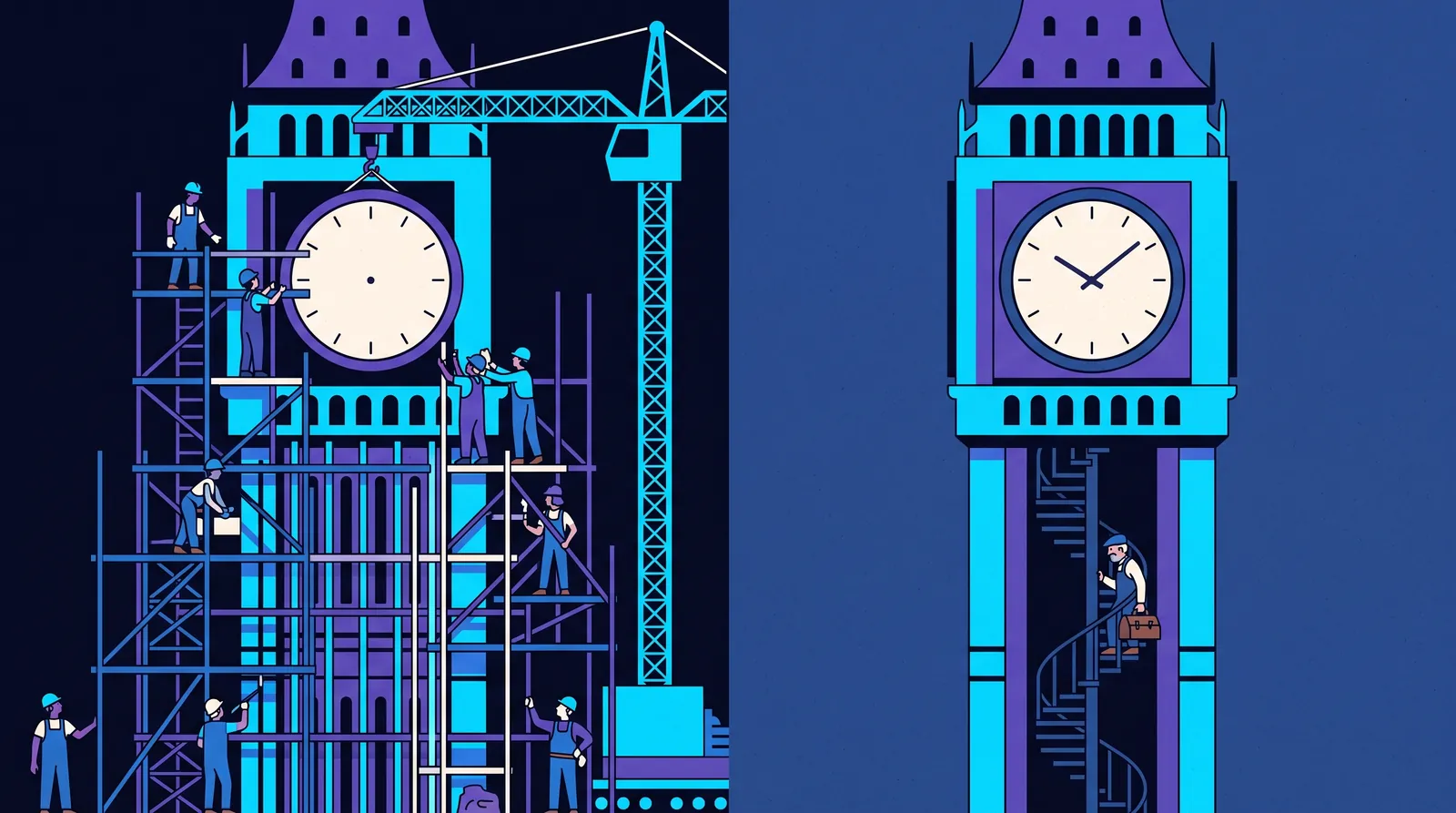 A crew with scaffolding and a crane builds a clock tower, and beside it the finished tower is visited by a single clockmaker with a tool bag