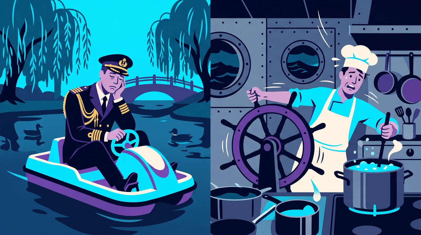 A ship's captain in dress uniform sits bored in a pedal boat, while a stressed cook tries to steer a ship's wheel and stir a pot at the same time