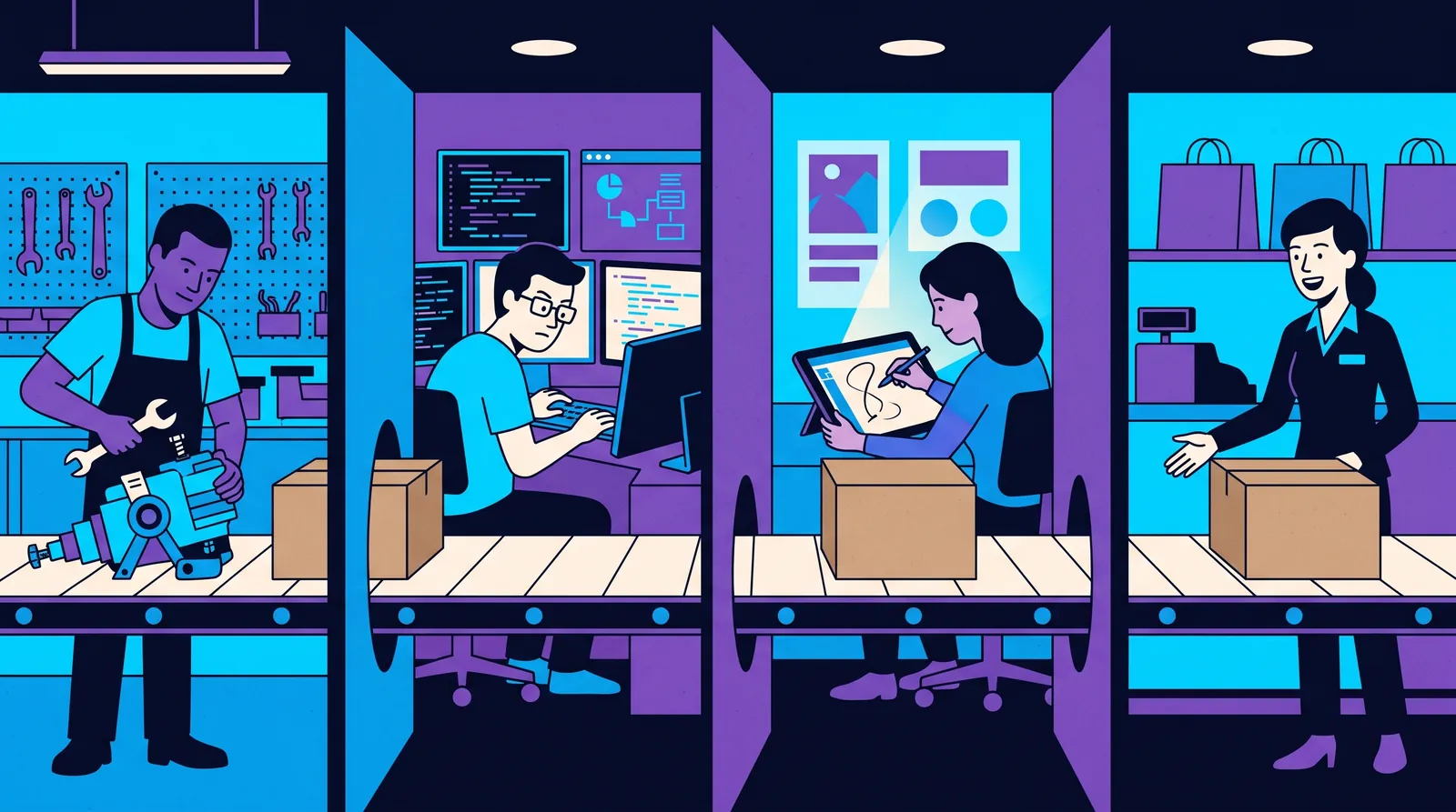 A parcel travels on a conveyor through four separate rooms, a workshop, a developer's desk, a design studio and a sales counter, handled by one person in each