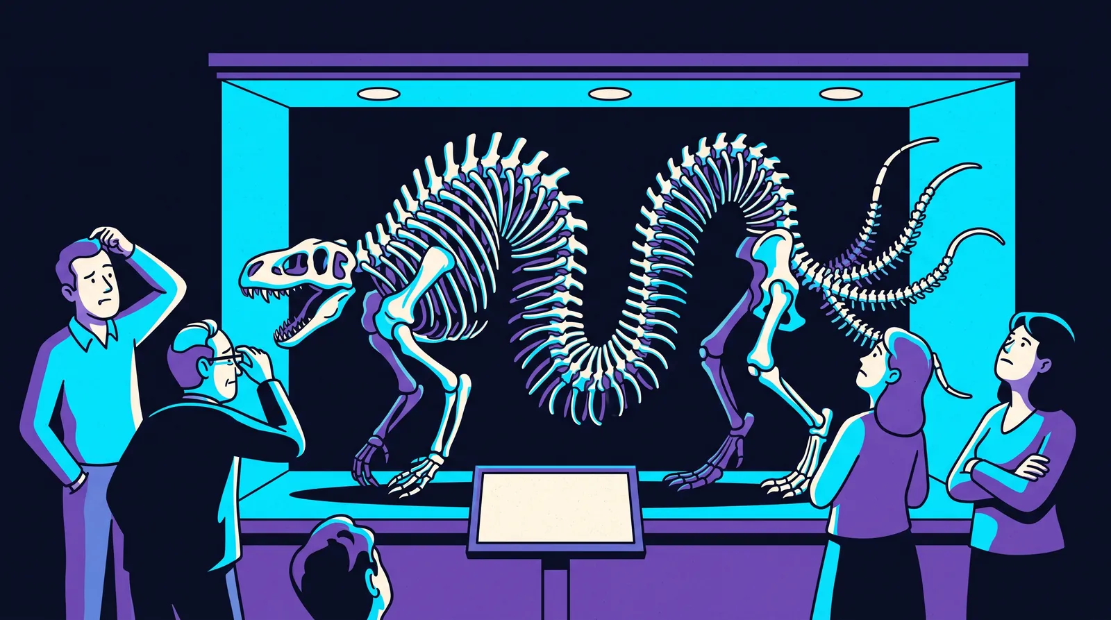 Puzzled museum visitors look at a fossil skeleton with far too many vertebrae and several tails