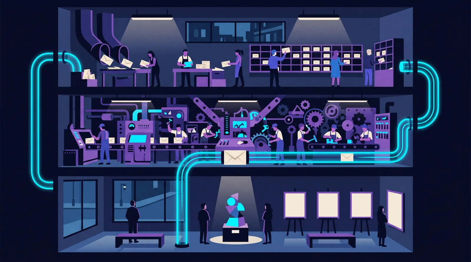 A three-storey cutaway building with a post room where ideas arrive, a workshop where the work is done and a gallery where it is reviewed, connected by glowing tubes