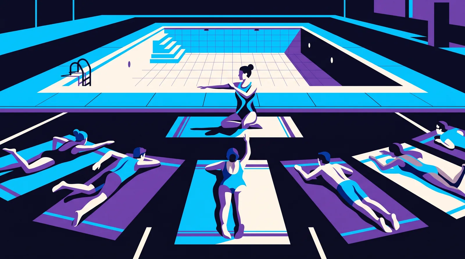 A swimming class practises strokes on towels beside an empty pool